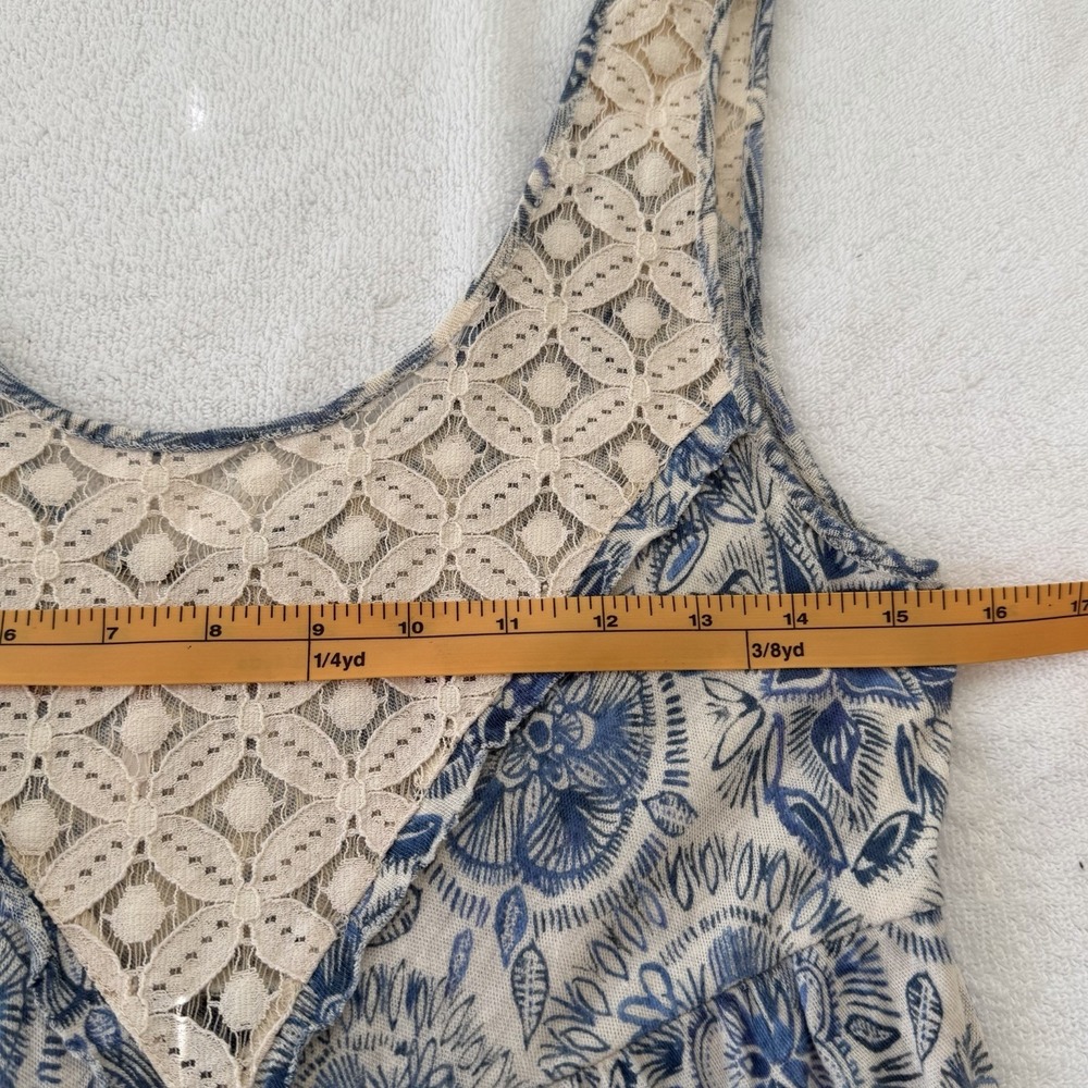 Free People Tank Top Small Floral Linen Cotton Tiered Lace Boho Blue White Beach - Picture 6 of 8